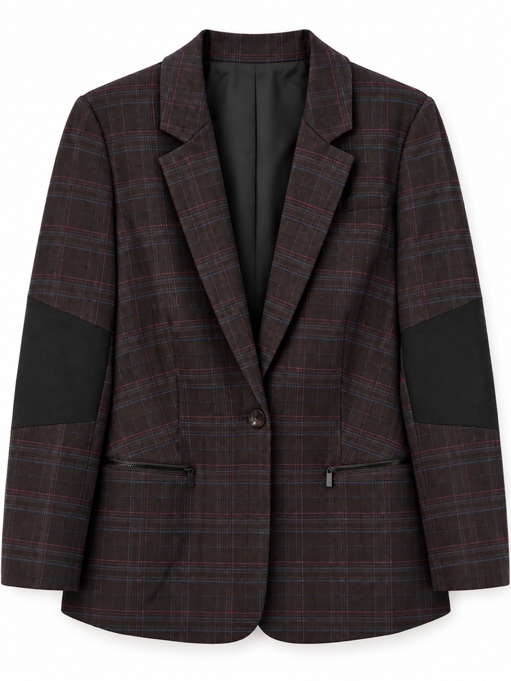 1. State Dark Brown Plaid Single-Button Blazer with Black Elbow Patches